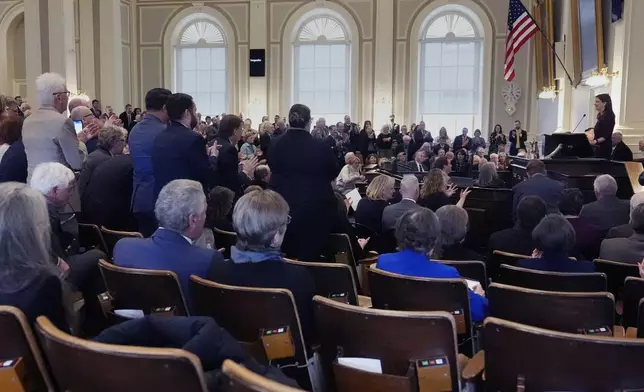 Republican Kelly Ayotte, a former U.S. senator who succeeds fellow Republican Chris Sununu, addresses the House Chamber during her inauguration at the State House, Thursday, Jan. 9, 2025, in Concord, N.H. (AP Photo/Charles Krupa)