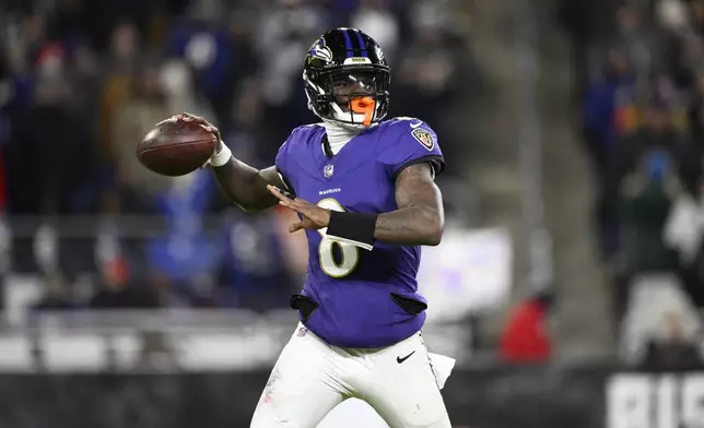 Baltimore Ravens quarterback Lamar Jackson throws during the first half of an NFL football game against the Cleveland Browns Saturday, Jan. 4, 2025, in Baltimore. (AP Photo/Nick Wass)