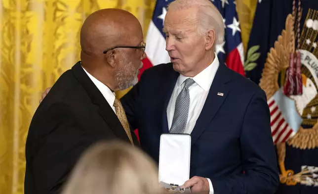 President Joe Biden awards the Presidential Citizens Medal to Rep. Bennie Thompson, D-Miss., during a ceremony in the East Room at the White House, Thursday, Jan. 2, 2025, in Washington. (AP Photo/Mark Schiefelbein)