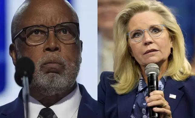 This combo photo shows Rep. Bennie G. Thompson, D-Miss., speaking during the Democratic National Convention on Wednesday, Aug. 21, 2024, in Chicago, left; and Former Republican Congresswoman Liz Cheney speaking during a town hall with Democratic presidential nominee Vice President Kamala Harris at The People's Light in Malvern, Pa., Monday, Oct. 21, 2024, right. (AP Photo/Erin Hooley/Matt Rourke)