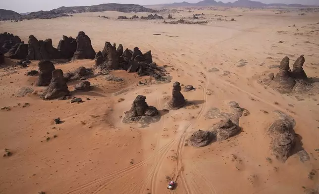 Driver Martin Prokop and co-driver Viktor Chytka, both of the Czech Republic, race their Ford during the fifth stage of the Dakar Rally between Alula and Hail, Saudi Arabia, Thursday, Jan. 9, 2025. (AP Photo/Christophe Ena)