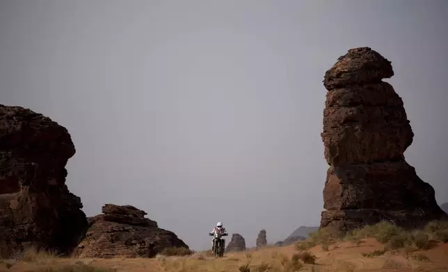 Arunas Gelazninkas of Lithuania rides during the fifth stage of the Dakar Rally between Alula and Hail, Saudi Arabia, Thursday, Jan. 9, 2025. (AP Photo/Christophe Ena)