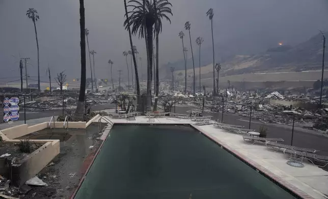 A wildfire-ravaged property is shown after the Palisades Fire swept through in the Pacific Palisades neighborhood of Los Angeles, Wednesday, Jan. 8, 2025. (AP Photo/Damian Dovarganes)