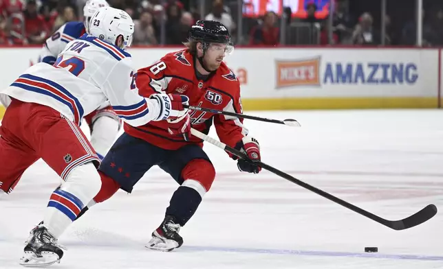 New York Rangers defenseman Adam Fox, left, defends against Washington Capitals defenseman Rasmus Sandin during the first period of an NHL hockey game Saturday, Jan. 4, 2025, in Washington. (AP Photo/John McDonnell)