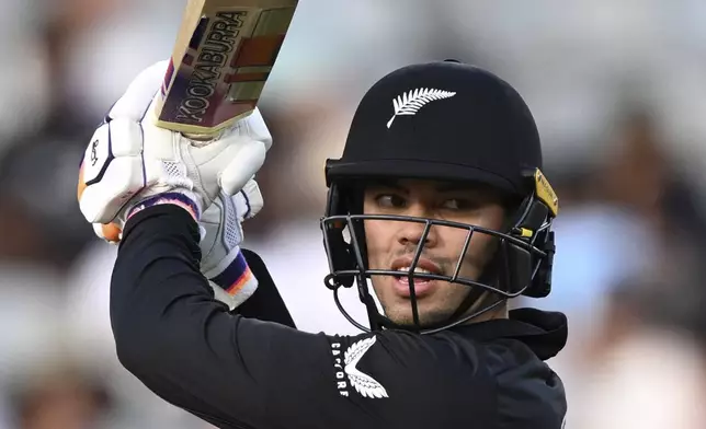 New Zealand's Mark Chapman plays during the 3rd one day international cricket match between New Zealand and Sri Lanka at Eden Park in Auckland, New Zealand, Saturday, Jan. 11, 2025. (Andrew Cornaga/Photosport via AP)