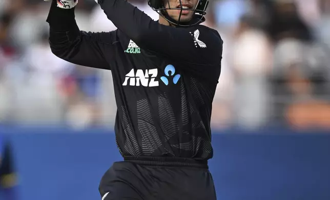 New Zealand's Mark Chapman plays during the 3rd one day international cricket match between New Zealand and Sri Lanka at Eden Park in Auckland, New Zealand, Saturday, Jan. 11, 2025. (Andrew Cornaga/Photosport via AP)