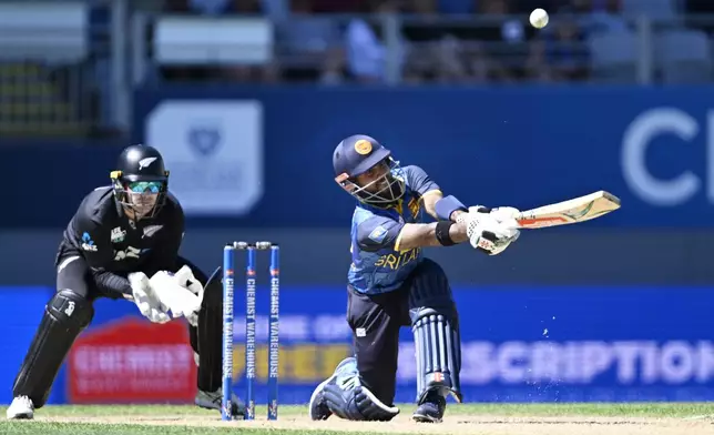Sri Lanka's Kusal Mendis plays during the 3rd one day international cricket match between New Zealand and Sri Lanka at Eden Park in Auckland, New Zealand, Saturday, Jan. 11, 2025. (Andrew Cornaga/Photosport via AP)