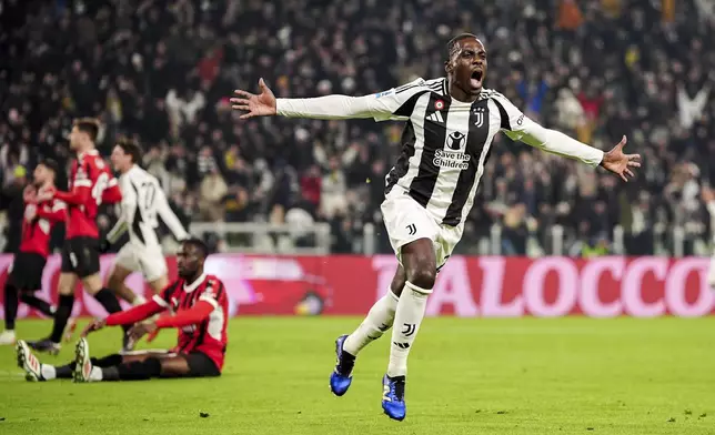 Juventus' Timothy Weah celebrates after scoring during the Italian Serie A soccer match between Juventus and AC Milan at the Allianz Stadium in Turin, Italy, Saturday, Jan. 18, 2025. (Marco Alpozzi/LaPresse via AP)