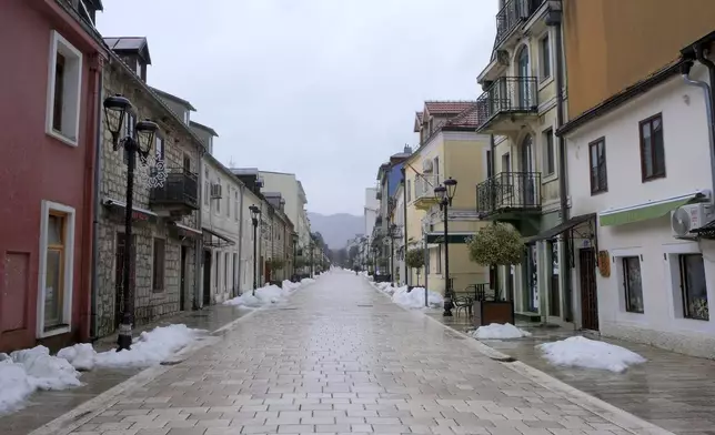 A view of an empty street, two day after a shooting in Cetinje, 36 kilometers (22 miles) west of Podogrica, Montenegro, Friday, Jan 3, 2025. (AP Photo/Risto Bozovic)