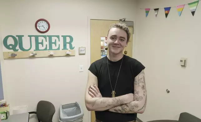 Nick Koenig, a University of Idaho doctoral student who teaches in climate change and sociology, poses for a photo on Thursday, Dec. 12, 2024, in the student lounge area of the LGBTQA office on campus in Moscow, Idaho. (AP Photo/Ted S. Warren)