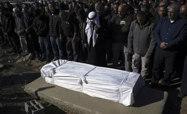 Members of the Bedouin community pray over the body of Yosef Al Zaydani, who was in Hamas captivity in the Gaza Strip, a day after the Israeli army said his body was recovered in an underground tunnel in southern Gaza, during his funeral in Rahat, southern Israel, Thursday, Jan. 9, 2025. (AP Photo/Mahmoud Illean)