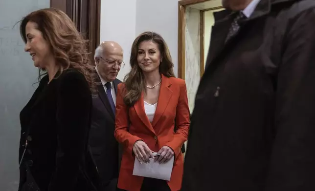 U.S. deputy special envoy for Middle East peace Morgan Ortagus, center, arrives ahead of a press conference after her meeting with Lebanese President Joseph Aoun in Baabda, east of Beirut, Lebanon, Friday, Feb. 7, 2025. (AP Photo/Bilal Hussein)