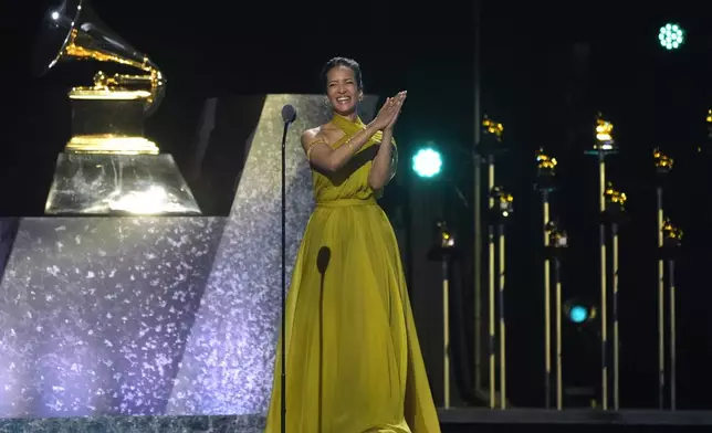 Anoushka Shankar speaks during the 67th annual Grammy Awards on Sunday, Feb. 2, 2025, in Los Angeles. (AP Photo/Chris Pizzello)