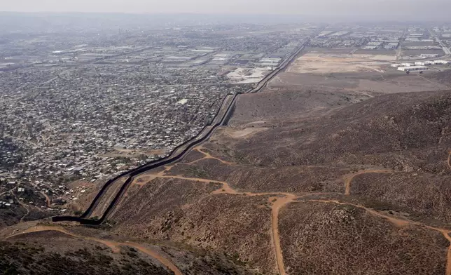 The U.S. Border with Mexico is seen in an aerial view Friday, Jan. 31, 2025, near San Diego. (AP Photo/Jae C. Hong)