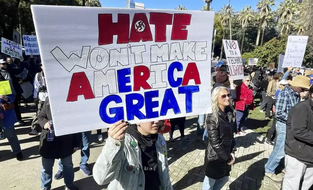 Demonstrators gather outside the state capitol for a political protest Wednesday, Feb. 5, 2025, in Sacramento. (AP Photo/Haven Daley)