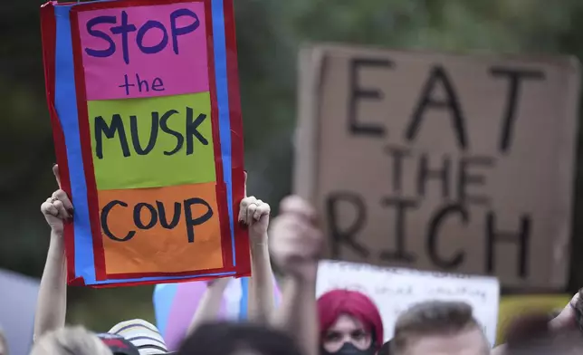 Protesters gather on steps of the Texas Capitol, Wednesday, Feb. 5, 2025, in Austin, Texas. (AP Photo/Eric Gay)