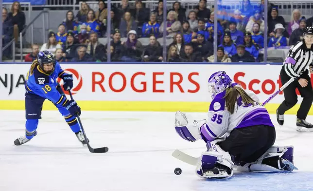 Toronto Sceptres' Jesse Compher (18) shoots on Minnesota Frost goaltender Maddie Rooney (35) during the second period of their PWHL hockey game, in Toronto, Tuesday, Feb. 11, 2025.(Cole Burston/The Canadian Press via AP)