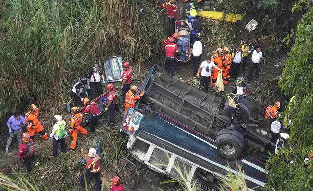 Firefighters work the scene of a fatal bus crash after it fell from a bridge on the outskirts of Guatemala City, Monday, Feb. 10, 2025. (AP Photo/Moises Castillo)
