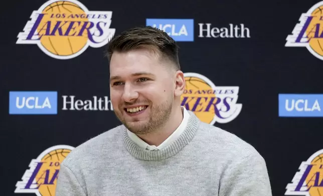 Los Angeles Lakers' Luka Doncic speaks during an introductory NBA basketball press conference Tuesday, Feb. 4, 2025, in El Segundo, Calif. (AP Photo/Jae C. Hong)