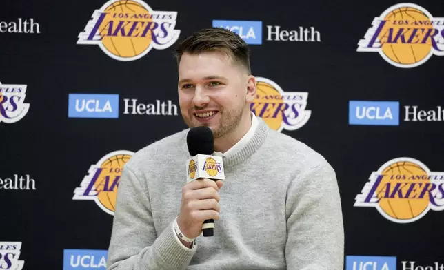 Los Angeles Lakers' Luka Doncic speaks during an introductory NBA basketball press conference Tuesday, Feb. 4, 2025, in El Segundo, Calif. (AP Photo/Jae C. Hong)