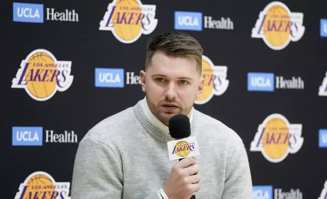 Los Angeles Lakers' Luka Doncic speaks during an introductory NBA basketball press conference Tuesday, Feb. 4, 2025, in El Segundo, Calif. (AP Photo/Jae C. Hong)