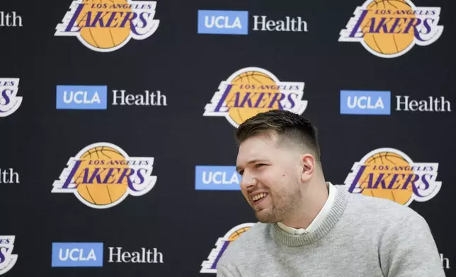 Los Angeles Lakers' Luka Doncic fields questions during an introductory NBA basketball press conference Tuesday, Feb. 4, 2025, in El Segundo, Calif. (AP Photo/Jae C. Hong)