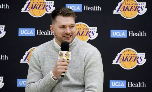 Los Angeles Lakers' Luka Doncic speaks during an introductory NBA basketball press conference Tuesday, Feb. 4, 2025, in El Segundo, Calif. (AP Photo/Jae C. Hong)