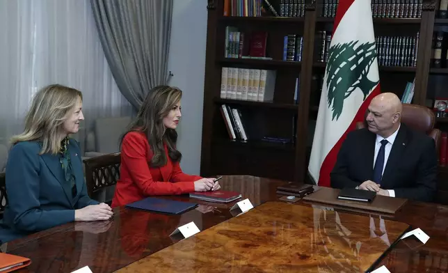 In this photo released by the Lebanese Presidency press office, Lebanese President Joseph Aoun, right, meets with U.S. deputy special envoy for Middle East peace Morgan Ortagus, center, and U.S. Ambassador to Lebanon Lisa A. Johnson, in Baabda, east of Beirut, Lebanon, Friday, Feb. 7, 2025. (Lebanese Presidency press office via AP)