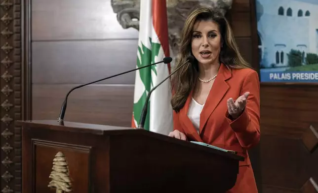 U.S. deputy special envoy for Middle East peace Morgan Ortagus speaks during a press conference after her meeting with Lebanese President Joseph Aoun in Baabda, east of Beirut, Lebanon, Friday, Feb. 7, 2025. (AP Photo/Bilal Hussein)