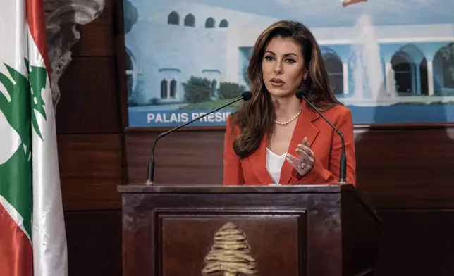 U.S. deputy special envoy for Middle East peace Morgan Ortagus speaks during a press conference after her meeting with Lebanese President Joseph Aoun in Baabda, east of Beirut, Lebanon, Friday, Feb. 7, 2025. (AP Photo/Bilal Hussein)