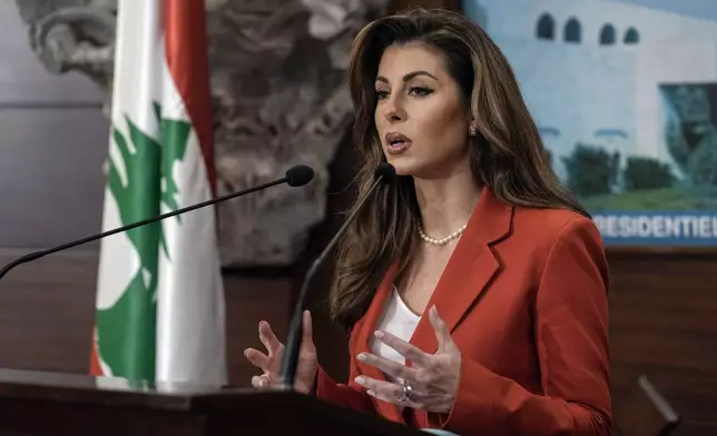 U.S. deputy special envoy for Middle East peace Morgan Ortagus speaks during a press conference after her meeting with Lebanese President Joseph Aoun in Baabda, east of Beirut, Lebanon, Friday, Feb. 7, 2025. (AP Photo/Bilal Hussein)