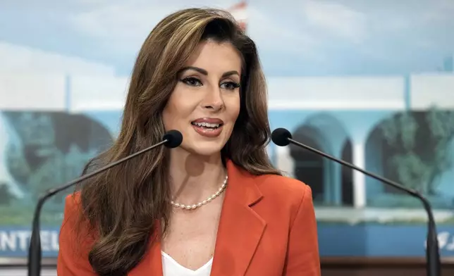 U.S. deputy special envoy for Middle East peace Morgan Ortagus speaks during a press conference after her meeting with Lebanese President Joseph Aoun in Baabda, east of Beirut, Lebanon, Friday, Feb. 7, 2025. (AP Photo/Bilal Hussein)