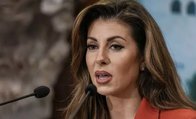 U.S. deputy special envoy for Middle East peace Morgan Ortagus speaks during a press conference after her meeting with Lebanese President Joseph Aoun in Baabda, east of Beirut, Lebanon, Friday, Feb. 7, 2025. (AP Photo/Bilal Hussein)