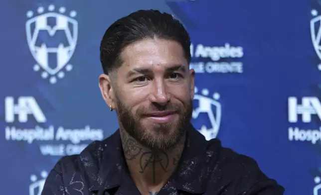 Spanish soccer player Sergio Ramos gives a press conference with Monterrey, his new soccer club, in Monterrey, Mexico, Sunday, Feb. 9, 2025. (AP Photo/Jorge Mendoza)