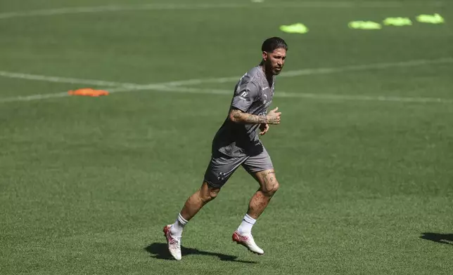Spanish soccer player Sergio Ramos trains with Monterrey, his new soccer club, in Monterrey, Mexico, Sunday, Feb. 9, 2025. (AP Photo/Jorge Mendoza)