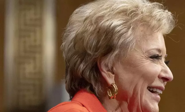 Linda McMahon, President Donald Trump's nominee for Secretary of Education, attends a Senate Health, Education, and Labor Committee hearing on her nomination, Thursday, Feb. 13, 2025, in Washington. (AP Photo/Jacquelyn Martin)