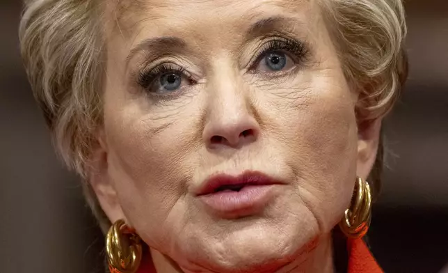 Linda McMahon, President Donald Trump's nominee for Secretary of Education, speaks during a hearing of the Health, Education, and Labor Committee on her nomination, Thursday, Feb. 13, 2025, in Washington. (AP Photo/Jacquelyn Martin)