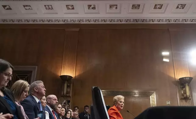 Linda McMahon, President Donald Trump's nominee for Secretary of Education, speaks during a hearing of the Health, Education, and Labor Committee on her nomination, Thursday, Feb. 13, 2025, in Washington. (AP Photo/Jacquelyn Martin)