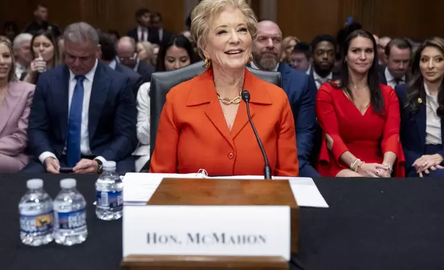 Linda McMahon, President Donald Trump's nominee for Secretary of Education, arrives for a hearing of the Health, Education, and Labor Committee on her nomination, Thursday, Feb. 13, 2025, in Washington. (AP Photo/Jacquelyn Martin)