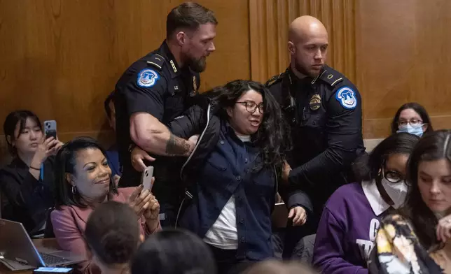 A protester is removed while calling out for protections for transgender and immigrant students, during a nomination hearing for Linda McMahon, President Donald Trump's nominee for Secretary of Education, at a Health, Education, and Labor Committee hearing, Thursday, Feb. 13, 2025, in Washington. (AP Photo/Jacquelyn Martin)