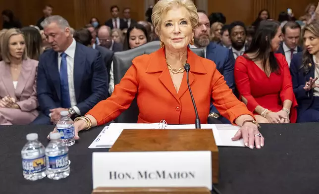 Linda McMahon, President Donald Trump's nominee for Secretary of Education, arrives for a hearing of the Health, Education, and Labor Committee on her nomination, Thursday, Feb. 13, 2025, in Washington. (AP Photo/Jacquelyn Martin)