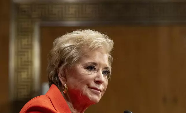 Linda McMahon, President Donald Trump's nominee for Secretary of Education, attends a hearing of the Health, Education, and Labor Committee on her nomination, Thursday, Feb. 13, 2025, in Washington. (AP Photo/Jacquelyn Martin)