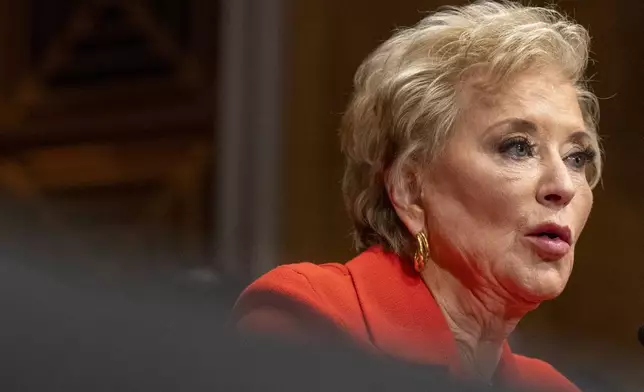 Linda McMahon, President Donald Trump's nominee for Secretary of Education, speaks during a hearing of the Health, Education, and Labor Committee on her nomination, Thursday, Feb. 13, 2025, in Washington. (AP Photo/Jacquelyn Martin)