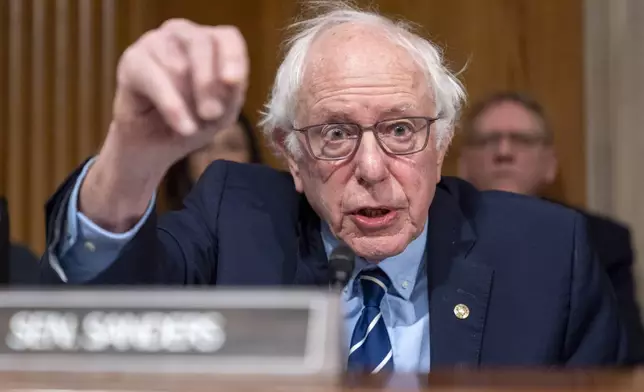 Health, Education, and Labor Committee Ranking Member Sen. Bernie Sanders, I-Vt., questions Linda McMahon, President Donald Trump's nominee for Secretary of Education, during a committee hearing on her nomination, Thursday, Feb. 13, 2025, in Washington. (AP Photo/Jacquelyn Martin)