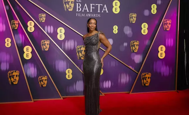 Naomi Ackie poses for photographers upon arrival at the 78th British Academy Film Awards, BAFTA's, in London, Sunday, Feb. 16, 2025. (Photo by Joel C Ryan/Invision/AP)