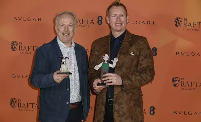 Nick Park, left, and Merlin Crossingham pose for photographers upon arrival at the BAFTA Nominees Party on Saturday, Feb. 15, 2025, in London. (Photo by Joel C Ryan/Invision/AP)