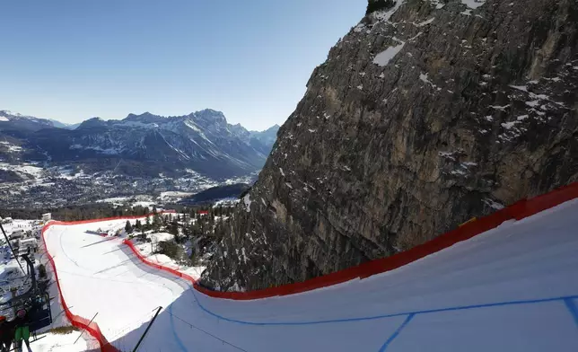 A view of the Tofane schuss, venue for the alpine ski discipline at the Milan Cortina 2026 Winter Olympics, in Cortina d'Ampezzo, Italy, Friday, Jan. 17, 2025. (AP Photo/Alessandro Trovati)