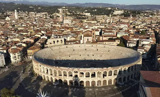 A view of the Arena of Verona where the Closing Ceremony of the Milan Cortina 2026 Winter Olympics will take place, in Verona, northern, Italy, Friday, Jan. 17, 2025. (AP Photo/Luca Bruno)