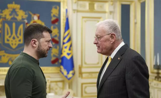U.S. Special Envoy for Ukraine and Russia Keith Kellogg, right, and Ukraine's President Volodymyr Zelenskyy talk during their meeting in Kyiv, Ukraine, Feb. 20, 2025. (AP Photo/Evgeniy Maloletka)