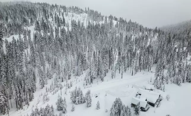 A hillside is seen covered with snow amidst a winter snow storm in Soda Springs, Calif., Friday, Feb. 14, 2025. (Stephen Lam/San Francisco Chronicle via AP)